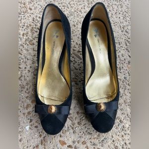 Dani Black Heels Suede 6.5 with ribbon and gold button